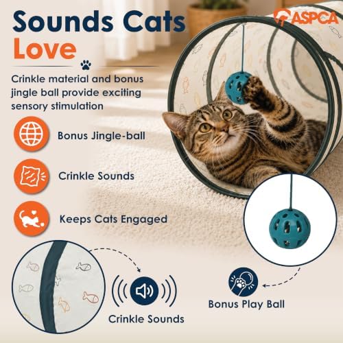ASPCA Cat Tunnel with Rattle Toy – Interactive Collapsible Cat Tunnel for Indoor Cats, Crinkle Play Tunnel with Hanging Rattle Toy, Encourages Hiding, Chasing, Pouncing & Active Play, Fish Printed