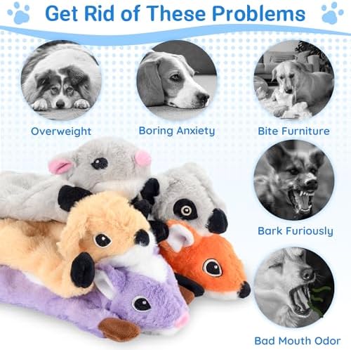 LECHONG 5-Pack Fluff-Free Squeaky Dog Toys - Crinkle No-Stuffing Body & Lightly Filled Head with Treat Hiden Pocket, Dog Toys Bundle for Aggressive Chewers Small Medium Large Dogs to Keep Them Busy