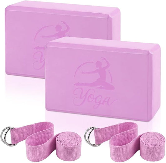 2 Yoga Block and 2 Yoga Strap Set,Non-slip EVA Foam Blocks, High Density Yoga Bricks with 6ft Strap, Supportive Latex-Free Yoga Block Accessories for Pilates