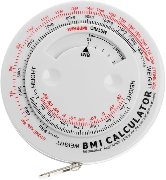 BMI Body Mass Index Retractable Tape Measure 150cm/59in, Push-Button Locking Diet Tool for Waist Hip Chest Thigh Calorie Tracking, White