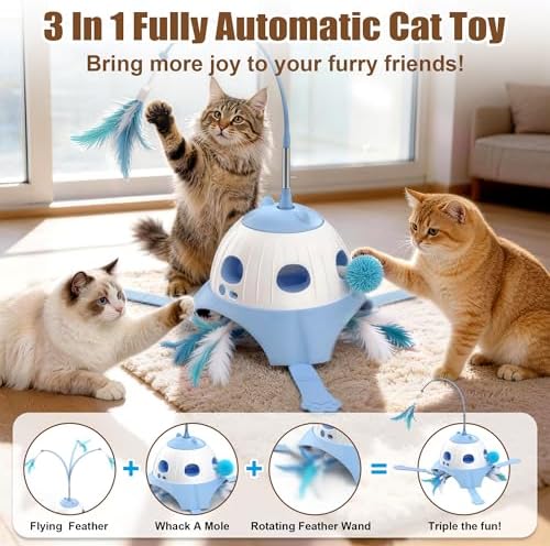 Casfuy 3-in-1 Interactive Whack-a-Mole & Rotating Feather Wand Cat Chasers Toy with Plush Tail, Blue
