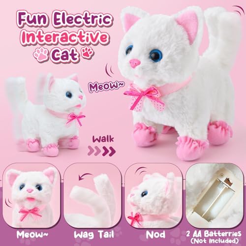 Golray Interactive Cat Toys for Kids Girls Gift, Electronic Plush Toy Cat Can Walk and Meow - 16 Pcs Carrier & Pet Groom Feed Care Pretend Play Set, Birthday Gift for Toddler Little Girl 3 4 5 6 7 8 9