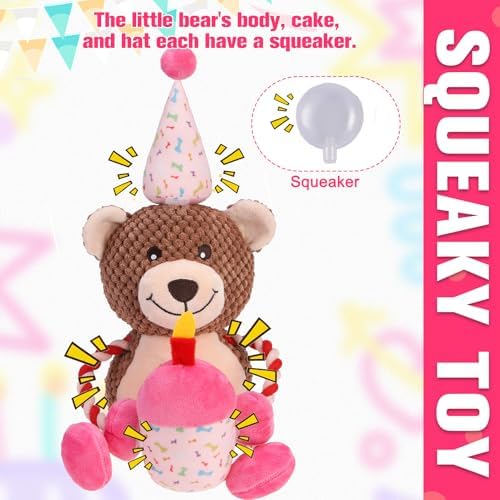EXPAWLORER Squeaky Dog Birthday Toys - Durable Plush Dog Toy with Crinkle Paper,Chew Toys Soft Fabric for Small, Medium, and Large Dogs to Keep Them Busy,Training Reward, Pink Bear