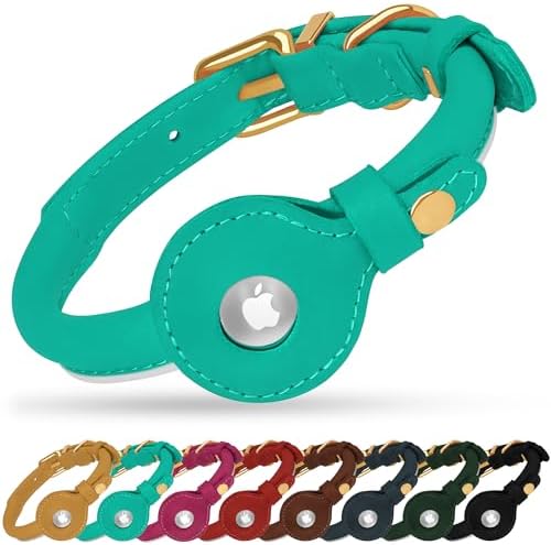 OOPSDOGGY Rolled Leather Dog Collar with Airtag Holder - Reflective Round Airtag Dog Collar - Soft Tracking Pet Collar for Small Dogs Puppy Cats Kitten (Teal, M, 12"-15")