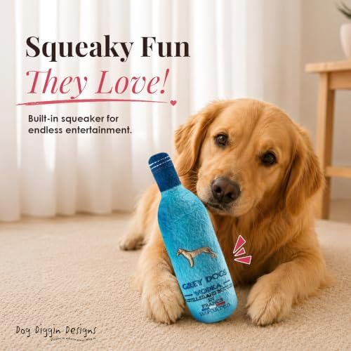 Dog Diggin Designs Grey Dogs Vodka Plush Dog Toy | Luxury-Inspired Parody Vodka Bottle Dog Toy with Squeaker, Soft Plush Novelty Dog Toy – Shaken, Not Stirred!