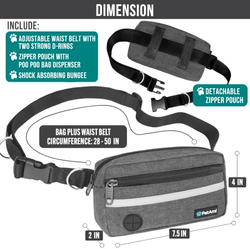 PetAmi Hands Free Dog Leash Waist Belt Bag Fanny Pack, Single, Dark Gray