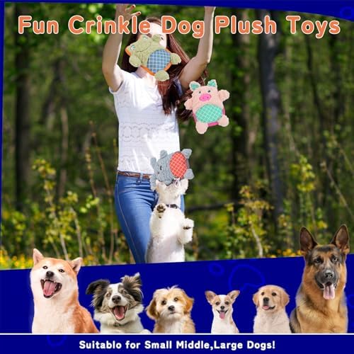 Crinkle Dog Toys Squeaky Plush No Stuffing Cute Puppy Stuffless Tough Rop Pull Toy, Fun Dog Stuffed Animals Durable Chew Set for Small Medium Large Pup (Large, Pink Pig+Green Frog+Blue Dog)
