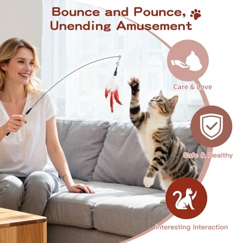 Pawaboo Cat Feather Wand Interactive Toy, 2 Feathers + 1 Wand with Bell