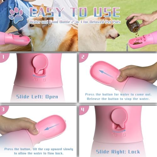 Dog Water Bottle with Food Container, 19Oz Large Capacity Portable Dog Water Bowl Dispenser, Food Grade New Puppy Essentials & Chihuahua Dog Accessories for Hiking Walking Traveling