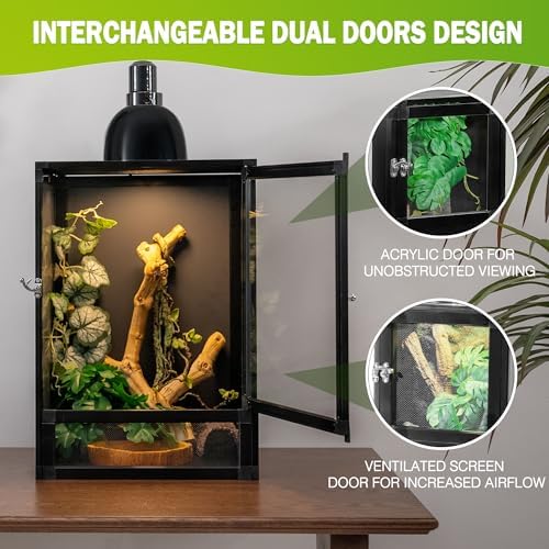 18"x18"x36" Hybrid Reptile Enclosure Cage with Aluminum Frame, PVC Side & Back Panels, Interchangeable Screen & Acrylic Front Doors, Ventilated Top, Ideal for Chameleon & Arboreal Reptiles