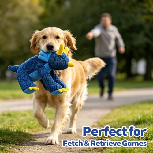 Large Squeaky Triceratops Plush Dog Toy, Belly Squeaker and Honeycomb Mesh, Soft Dinosaur Toy for Fetch, Carrying and Gentle Tug, Dark Blue