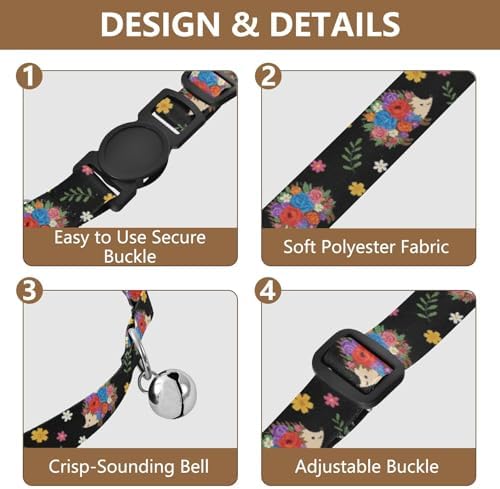 Cute Hedgehogs Flowers Black Pet Collars 2 Pack Small Cat Collar Adjustable Length 10.6" to 17.1"