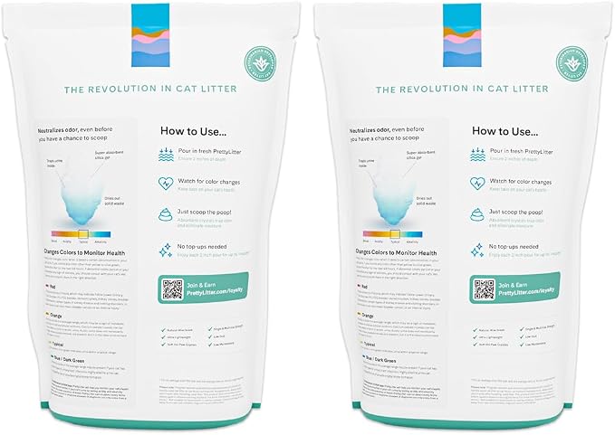 PrettyLitter Health Monitoring Cat Litter, Calm Aloe, 2-Pack, 6 lb. Bags | Up to 2 Months Supply, Non-Clumping, Advanced Odor Control, Automatic Litter Box Compatible, Color Changing Silica Crystals