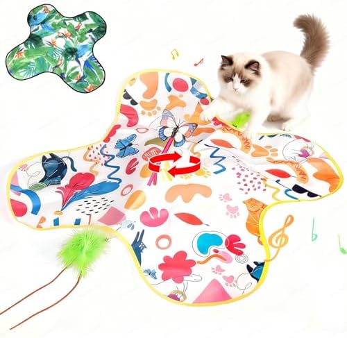 Cat Toys for Indoor Cats, 4in 1 Interactive Cat Toys Rechargeable with Butterfly, Feathers, Setaria Viridis, Real Animal Squeaky, Indoor Kitty Exercise Automatic Pet Toys with 2 Covers for All Breeds