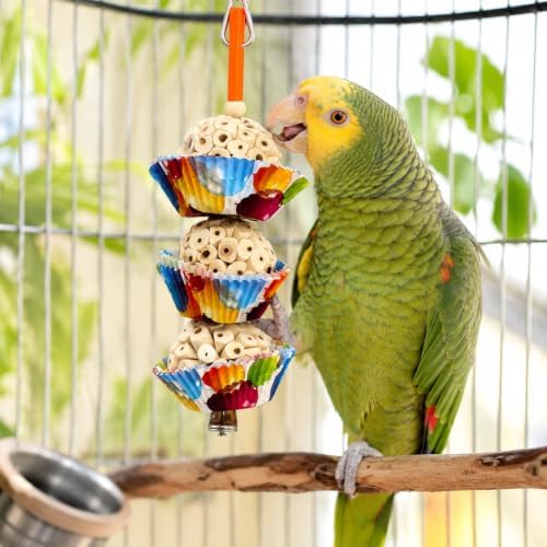 Bonka Bird Toys 1931 Three Cake, 11.75" Hanging Bird Toy with Sola Balls, Cupcake Cups, Wooden Beads, Bell, and Straw, Chewable and Shreddable.