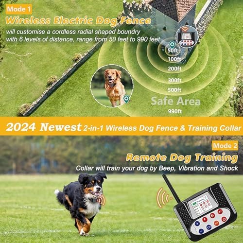 Wireless Dog Fence, Electric Dog Fence & Training Collar with Remote, 2024 Wireless Dog Boundary Containment System, Large Range Sizes, Waterproof Rechargeable Collar for All Dogs,for4dogs
