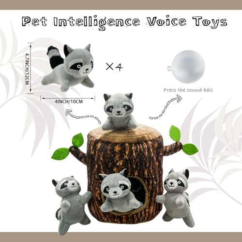 Hide and Seek Dog Toys Squeaky Raccoon Plush Toy with Crinkle Trunk, Interactive Dog Toy to Keep Them Busy Pet Chew Toys for Small & Medium Dogs (Tree Trunk Hideout with 4 Raccoon)