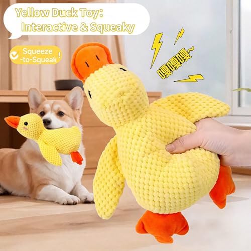 TRAVEYO Calming Duck Dog Toys for Large Dogs，Large18-inch Chewable Stuffed Animal with Sound, Interactive Pet Toys（L，Yellow ）