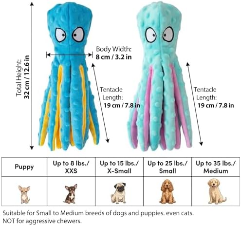 Squeaky Dog Toys, 2PCS No Stuffing Crinkle Plush Dog Toys Octopus