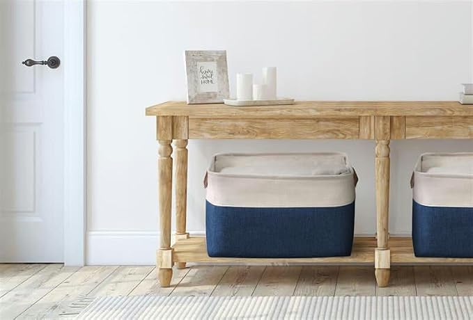 DECOMOMO Storage Bins, Large Fabric Storage Baskets for Shelves 3 Pack | 15 x 11 x 9.5 inches Decorative Linen Closet Organizers (Navy Blue & White)