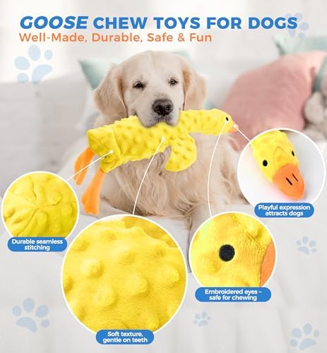 Squeaky Plush Dog Toy for All Breeds, Multifunctional Goose Dog Toy with Honking Sound, Crinkle Paper, Treat Pocket, Durable Soft Stuffed Animal for Chewing, Cuddling, Interactive Play (Yellow)
