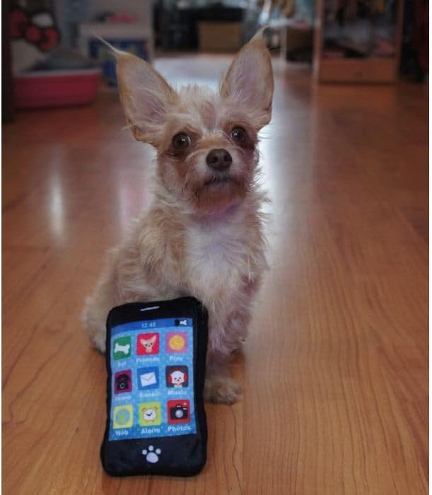 PetLondon Smart Phone Plush Puppy Dog Toy iBone, Realistic Dog Toy Phone Shape Black Plush London