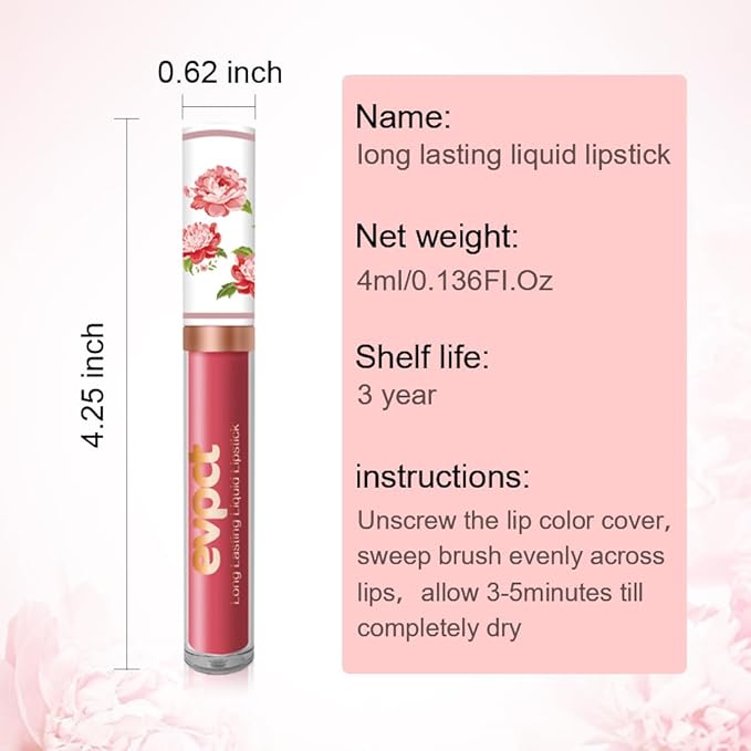 evpct 1Pcs Ruby Red Matte Liquid Lipstick Lip Stain Sets for Women, Peony Flower Dark Red Matte+Lipstick Long Lasting Permanent 24 hr Hours Magic Lipstick 24 Hours original Waterproof, 04#