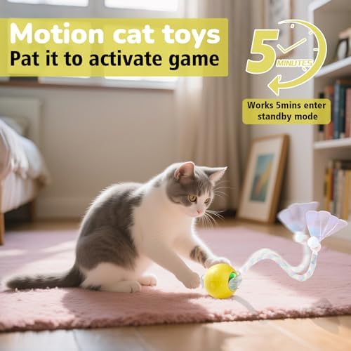 Interactive Cat Toys for Indoor Cats, Fast Rolling, Chirping, Motion Activated Automatic Cat Toy for Enrichment, Smart Cat Ball Toy 1 Count with 2 Tails and 3 Speed Adjustment, Yellow