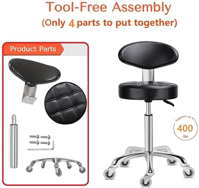 Kaleurrier Swivel Stool Chair Adjustable Height,Heavy Duty Hydraulic Rolling Metal Stool for Kitchen,Salon,Bar,Office,Massage (with Back Rest) (Black)