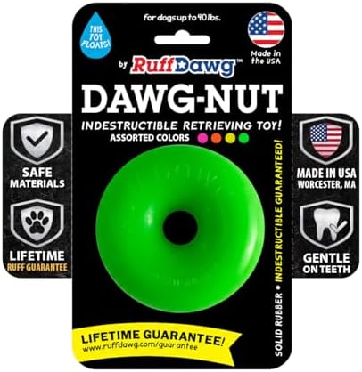 Ruff Dawg Dawg-Nut Medium 3.5” Green – Heavy-Duty Solid Rubber Donut Dog Chew Toy for Dogs Under 40 lbs – Floats & Bounces – Made in USA
