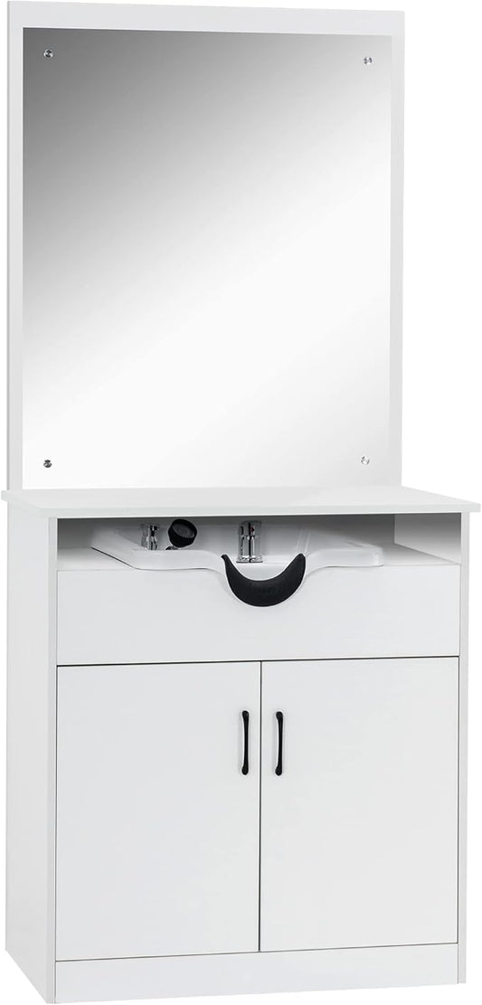 BarberPub Backwash Shampoo Bowl Sink Chair Station with Mirror Salon Styling Cabinet Spa Equipment 3130 (White)