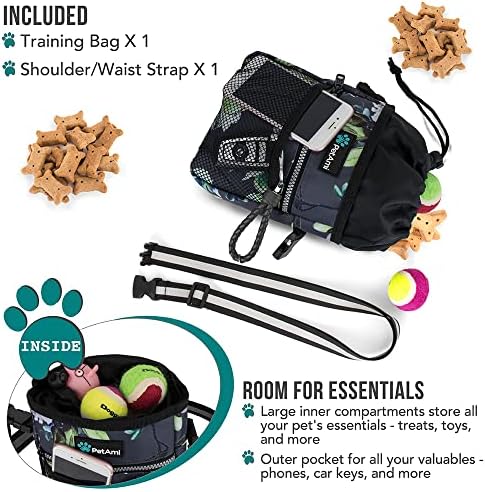 PetAmi Dog Treat Pouch, Pet Treat Pouch for Training, Dog Walking Bag Holder for Kibbles, Pet Food Toy, Dog Trainer Essentials Supplies, Poop Bag Dispenser, 3 Ways to Wear (Floral Grey)