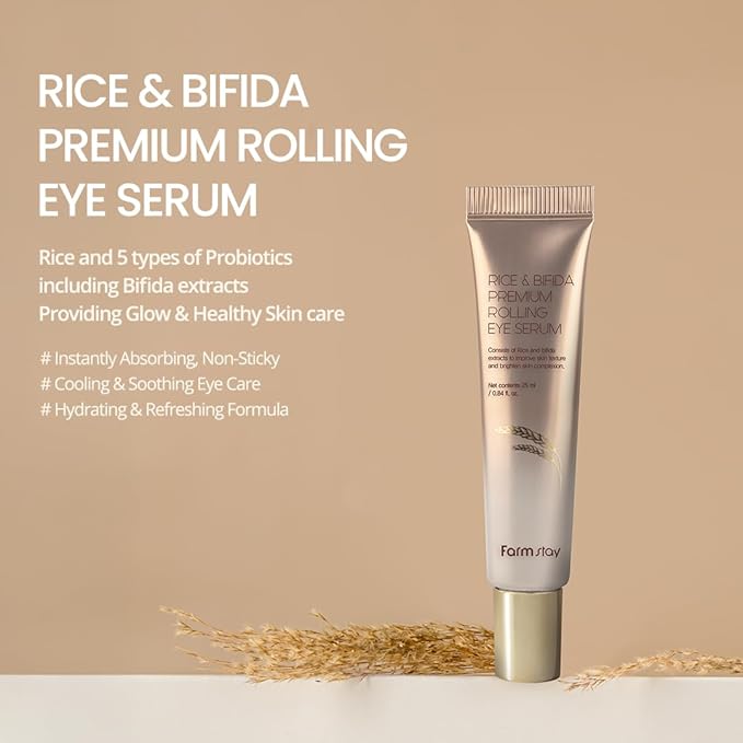 Farmstay Rice & Bifida Premium Rolling Eye Serum with Niacinamide, Dark Spot Remover Correcting, Cooling & Soothing Eye Cream for Puffy, for Women & Men, Korean Skin Care, 0.84 fl. oz.