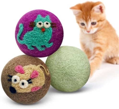 Love Ewe Wool Cat Toys Ball 3 Pack, 2-inch Cat and Mouse