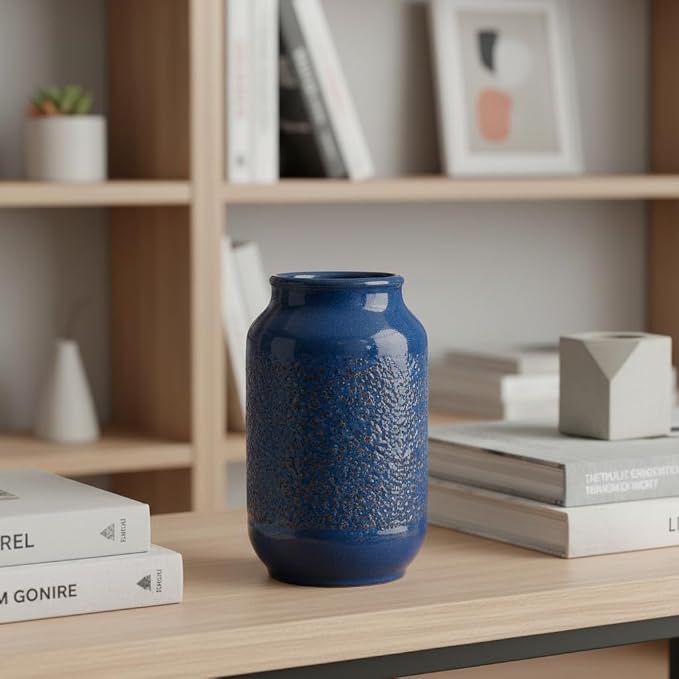 Blue Ceramic Vase for Home Decor, 9 Inch Modern Farmhouse Vase, Decorative Vases for Pampas Grass, Fireplace, Living Room, Bathroom, Tabletop, Kitchen, Office, Farmhouse Decor
