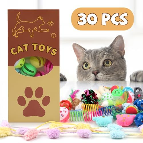 QUOZUO 30 Pcs Cat Toy Kitten Toys Set, Interactive Cat Toy Wand Cat Springs Ball Toy with Bells, Cat Toys for Bored Indoor Cats, Gift Box Styles