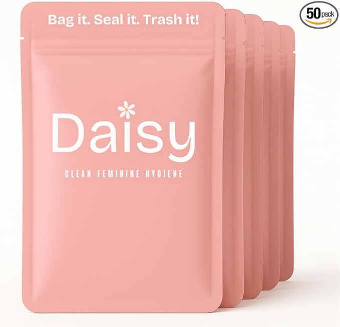 Odor-Proof Sanitary Trash Bags for Tampons, Pads, Discs, Panty Liners & Feminine Wipes | The Daisy Pouch +Plus Discreet Disposal Bags for Home, Work, School & Travel