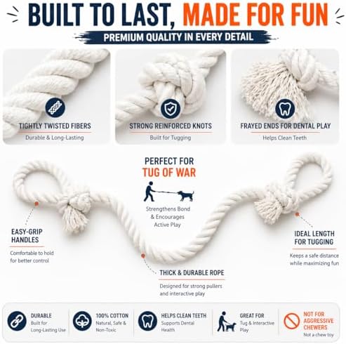 Cotton Dog Rope Toy with Dual Handles 45" Extra Long Tug Toy for Medium to Large Dogs, Durable Interactive Tug-of-War, Teeth Cleaning, Indoor Outdoor Play, White