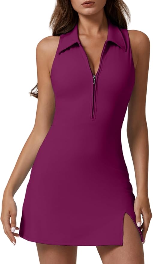 QINSEN Womens Zip Front Tennis Dress Polo Collar Racer Back Workout Golf Dresses Build in Shorts with Pockets