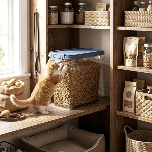 DRATO Pet Food Storage Container with Sealed Lid, Transparent Large Capacity Resin Bin for Dry Food, Treats, and Supplies, Includes Measuring Cup and Slow-Feed Bowl