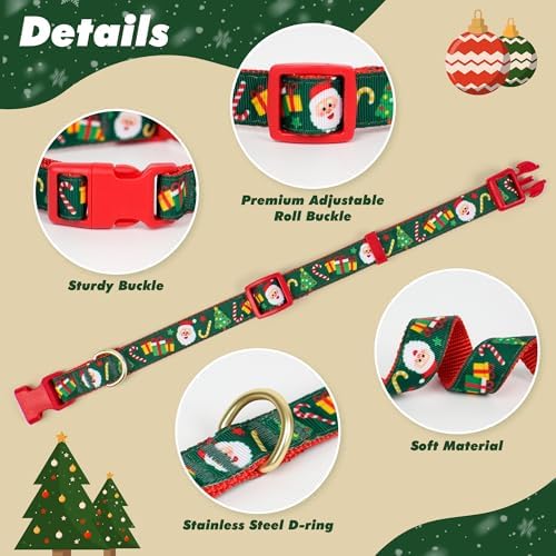 azuza Christmas Dog Collar Santa Print Xmas Pet Collar with Removable Red and Green Bowtie, Adjustable Dog Collar Accessories for Small Dogs