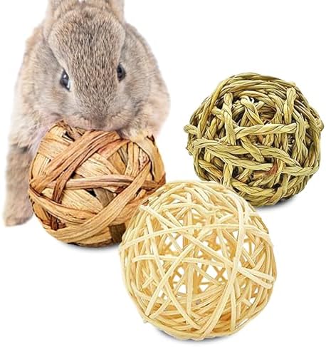 SunGrow 3 Pack Rabbit Chew Ball, Assorted Grass Teething Toy for Small Pocket Pet, Dental Wear Support, Boredom Relief Activity, Safe Woven Treat Enrichment for Bunny Guinea Pig Hamster Rat