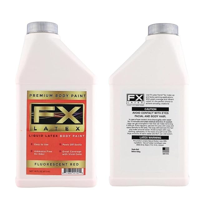 Liquid Latex - Face and Body Paint, Ammonia Free, Easy On and Off, Cosplay Makeup, Create Professional Monster, Zombie Arts 16 Oz (Fluorescent Red)