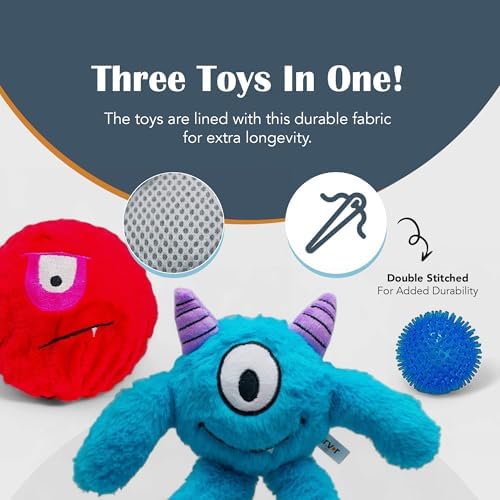 Flourish Pets 3 in 1 Multi-Layer Chew Toy for Active Dogs | Non-Toxic BPA Free Double Stitched Soft Fabric Exterior Dog Toys | Long-Lasting Dog Plush Toys – Large, Blue Monster 11"