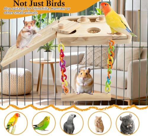 FlidRunest Wooden Bird Foraging Puzzle Platform Swing with Climbing Ladder for Parrots, Parakeet, Cockatiel, Sun Conures - Birds Interactive Mental Enrichment Toy, Bird Seed Slow Feeder Toy for Cage