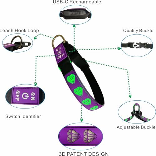 Personalized Dog Collar Waterproof airtag Dog tag Holder,USB C Light up Night Black Dog Collar (Purple, L(15.7-19.7"))