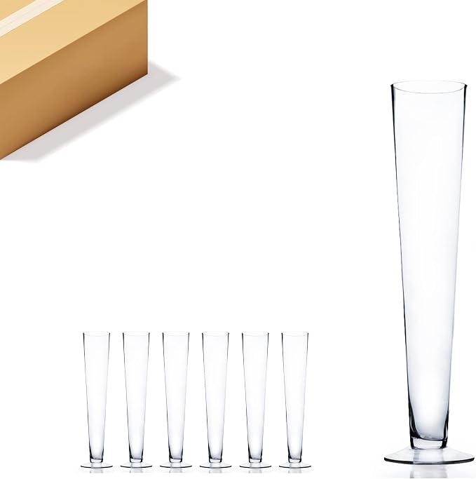 WGV Trumpet Glass Vase Bulk, Open 4", Height 20", (Multiple Sizes Choices) Clear Tall Pilsner Floral Planter Container Centerpiece, Wedding Event Home Decor, 6 Pieces (VTV0420)