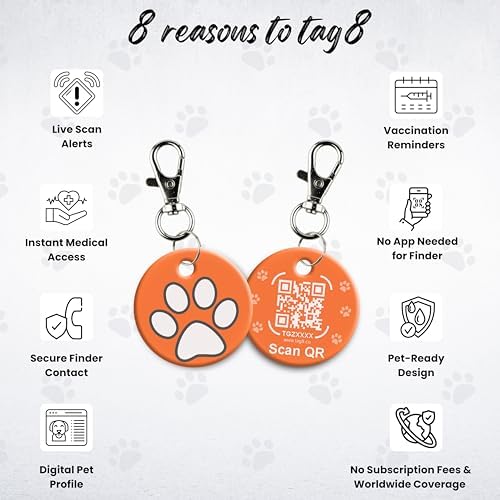 tag8 QR Code ID Tag for Dogs & Cats, Real-Time Scan Alerts, Online Pet Info Access, No Subscription or Fees, Durable Pet Tag for Collars - Orange