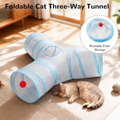 Tempcore Cat Tunnel, 3-Way Collapsible Toy for Indoor Cats, Grey & Blue