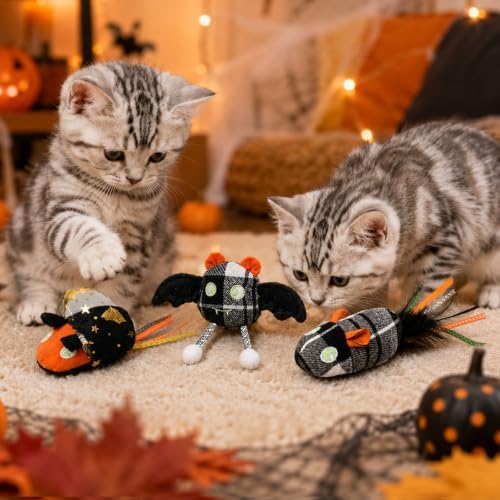 DODODOLA 3 PCS Interactive Cat Toys for Indoor Cats Halloween Mice and Bat Kitten Toys with 100% Pure Organic Catnip Kitty Anxiety Relief Soft Cute Mouse Teething Chew Toys